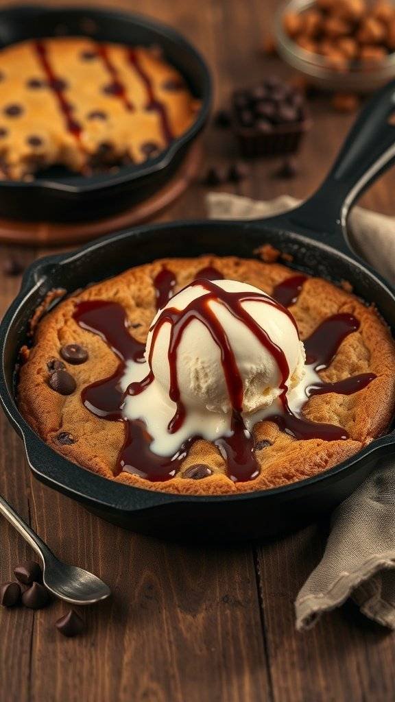 A warm chocolate chip skillet cookie topped with ice cream and chocolate sauce.