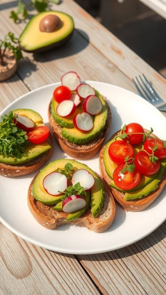 Delicious avocado toast with toppings on a plate