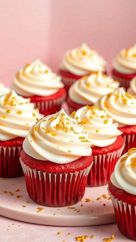 Classic red velvet cupcakes with cream cheese frosting and golden sprinkles