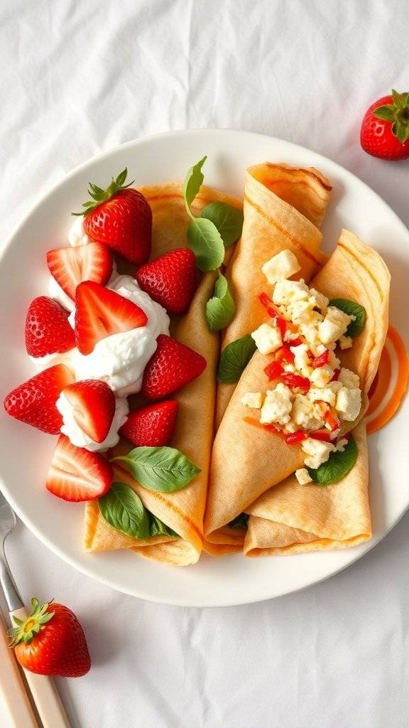 A plate of sweet and savory crepes with strawberries and greens