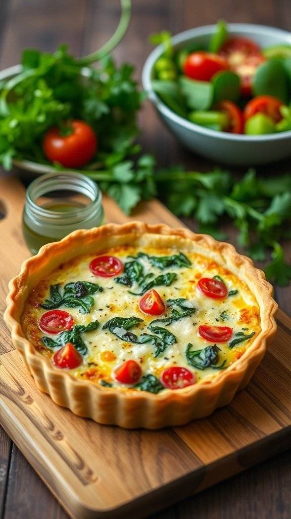 A delicious quiche with spinach and cherry tomatoes, served with a fresh salad.