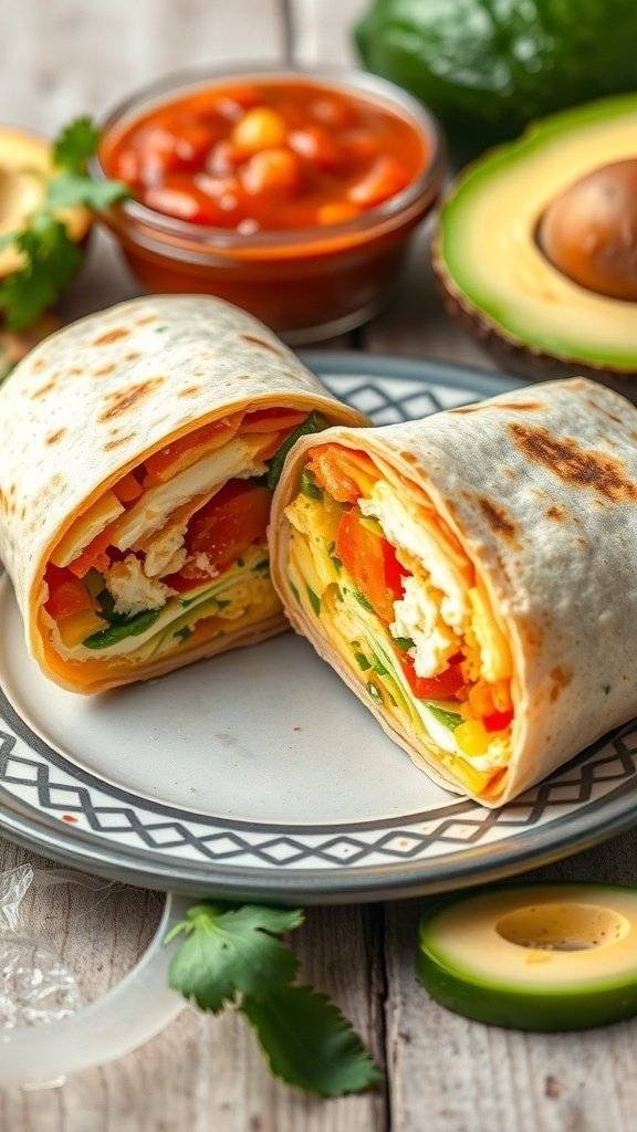 Savory breakfast burritos filled with eggs, peppers, and cheese, served with avocado and salsa.