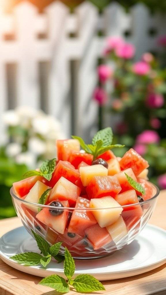 A refreshing fruit salad with watermelon, cantaloupe, and blueberries, garnished with mint leaves.