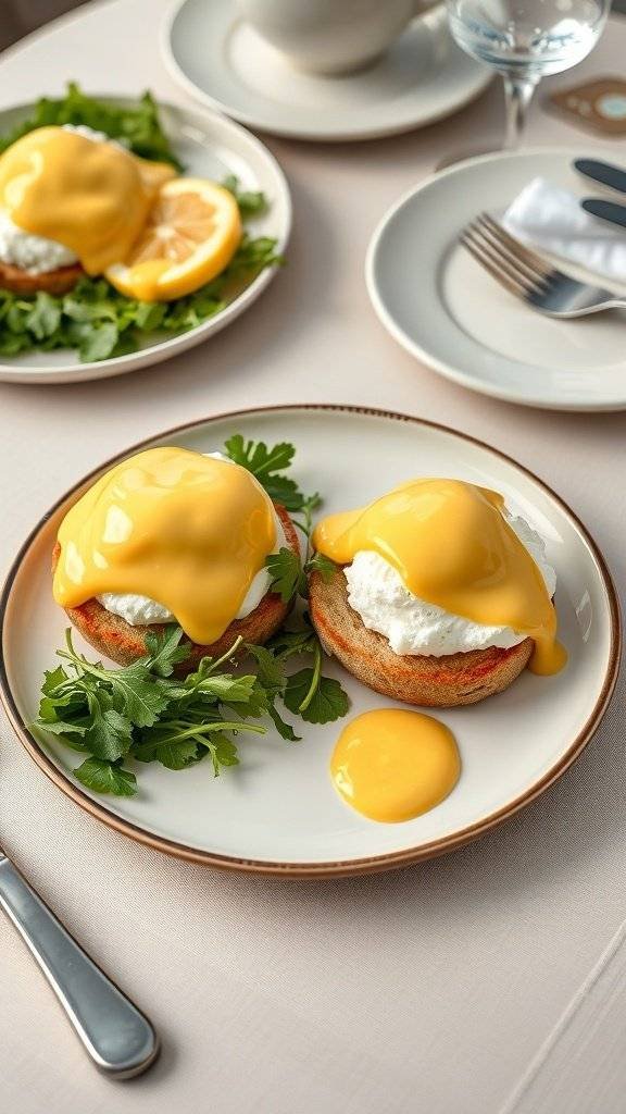 A plate of Eggs Benedict with hollandaise sauce, garnished with fresh herbs.