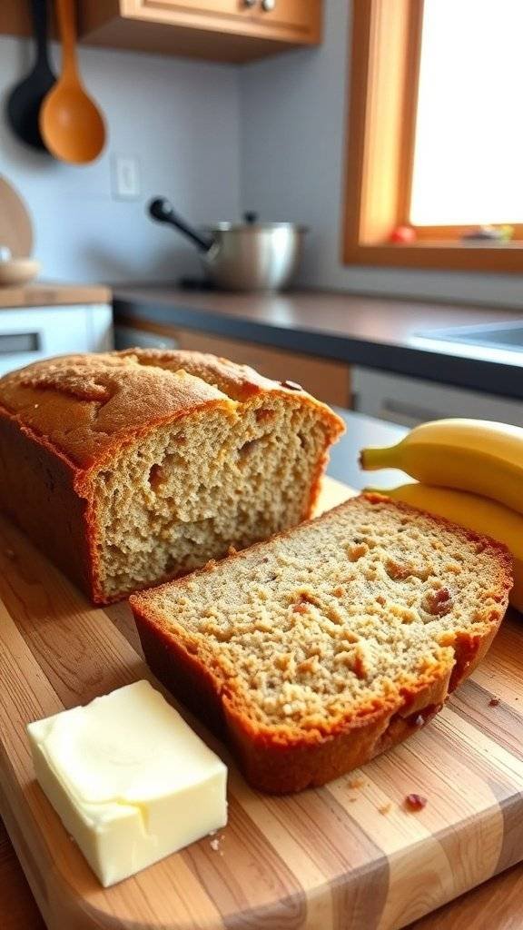 A loaf of banana bread sliced on a wooden cutting board with bananas and butter in the background.