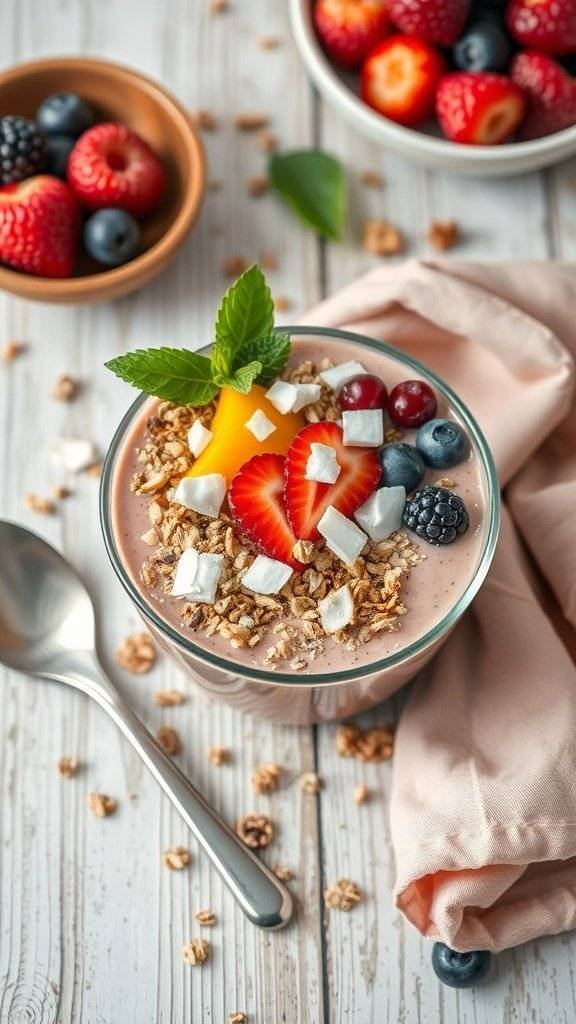 A colorful smoothie bowl topped with fruits, granola, and mint leaves, perfect for Mother's Day brunch.