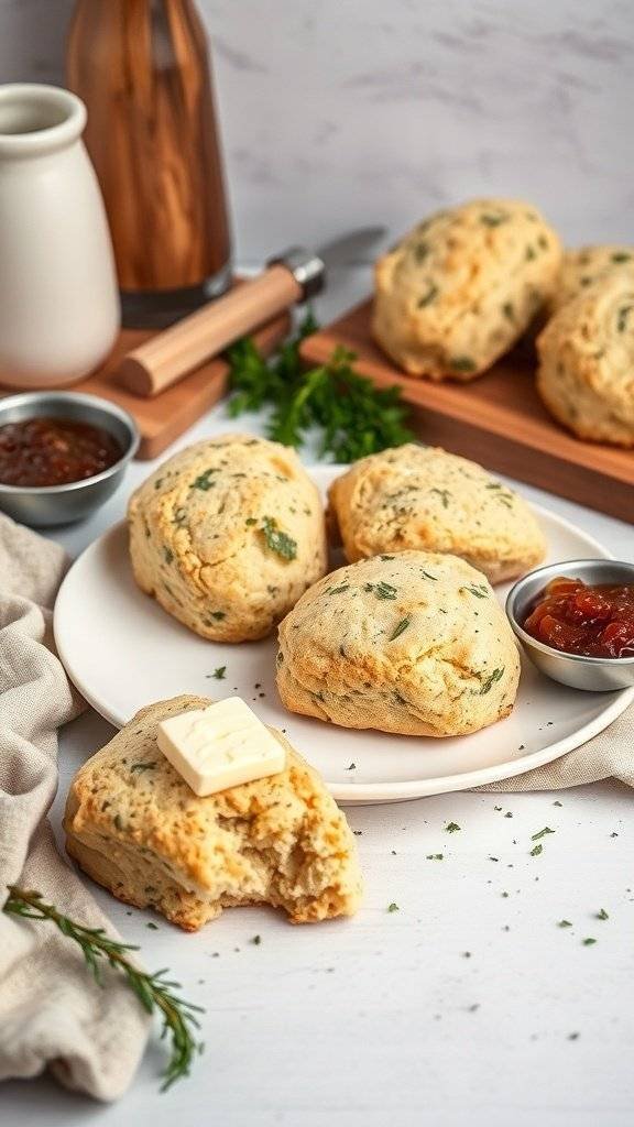 Savory scones on a plate with butter and jam