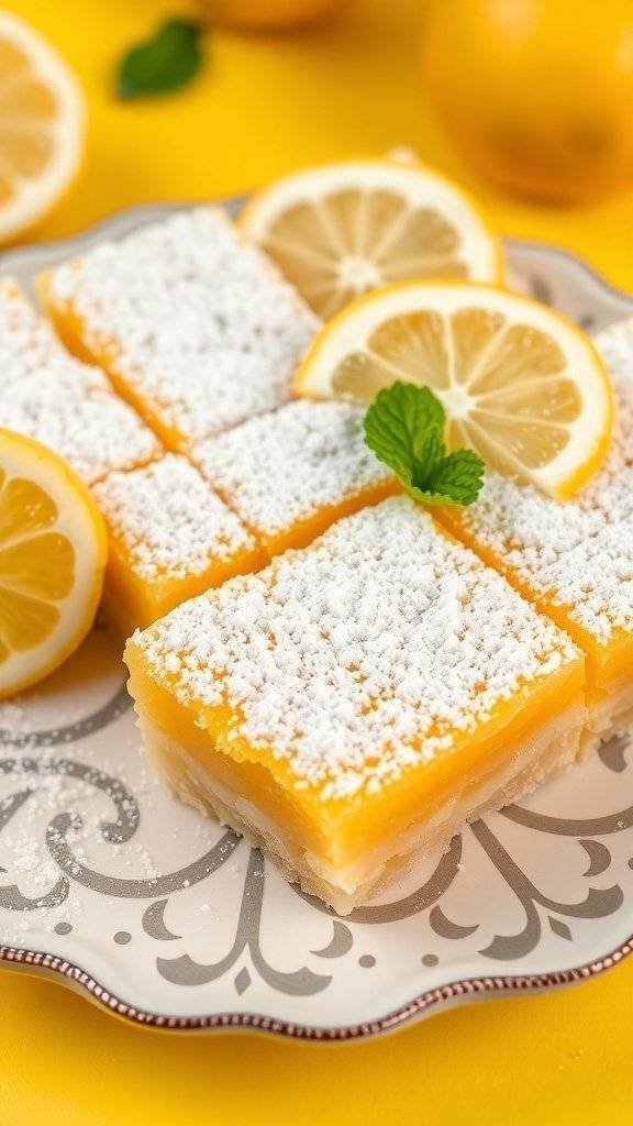 Delicious homemade lemon bars garnished with lemon slices and mint on a decorative plate.