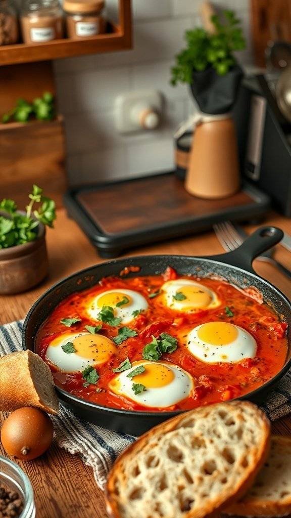 A skillet of shakshuka with poached eggs in tomato sauce, garnished with herbs, served with bread.