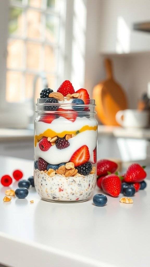 A jar of overnight oats layered with yogurt, berries, and nuts on a kitchen counter.