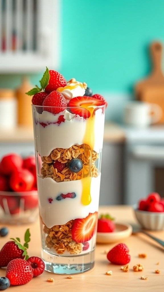 A colorful yogurt parfait with layers of yogurt, granola, and fresh berries in a tall glass.
