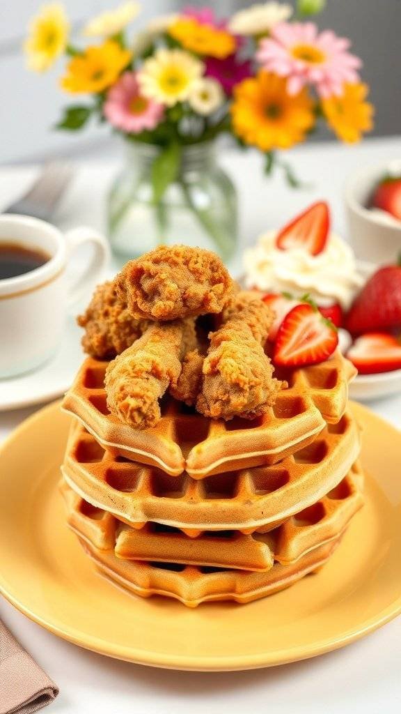 A stack of waffles topped with fried chicken, strawberries, and whipped cream, served with coffee and flowers in the background.