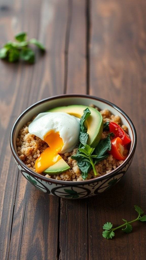 A wholesome breakfast bowl with quinoa, poached egg, avocado, spinach, and cherry tomatoes.