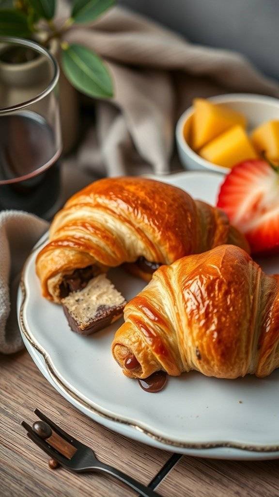 A plate of chocolate croissants with fresh fruit and a drink, perfect for Mother's Day brunch.