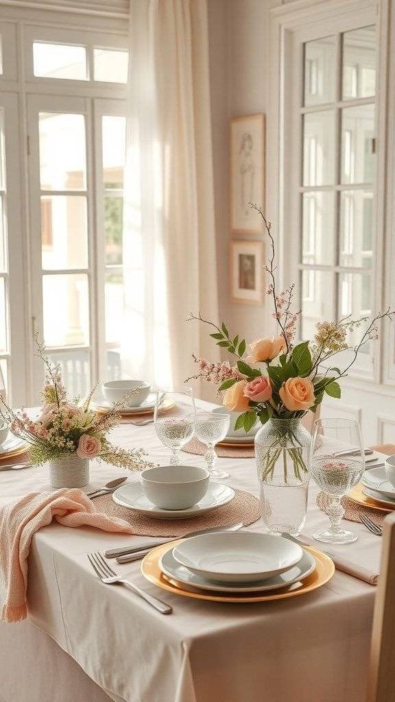 A beautifully set brunch table for Mother's Day featuring soft blush decor, floral arrangements, and elegant dishware.