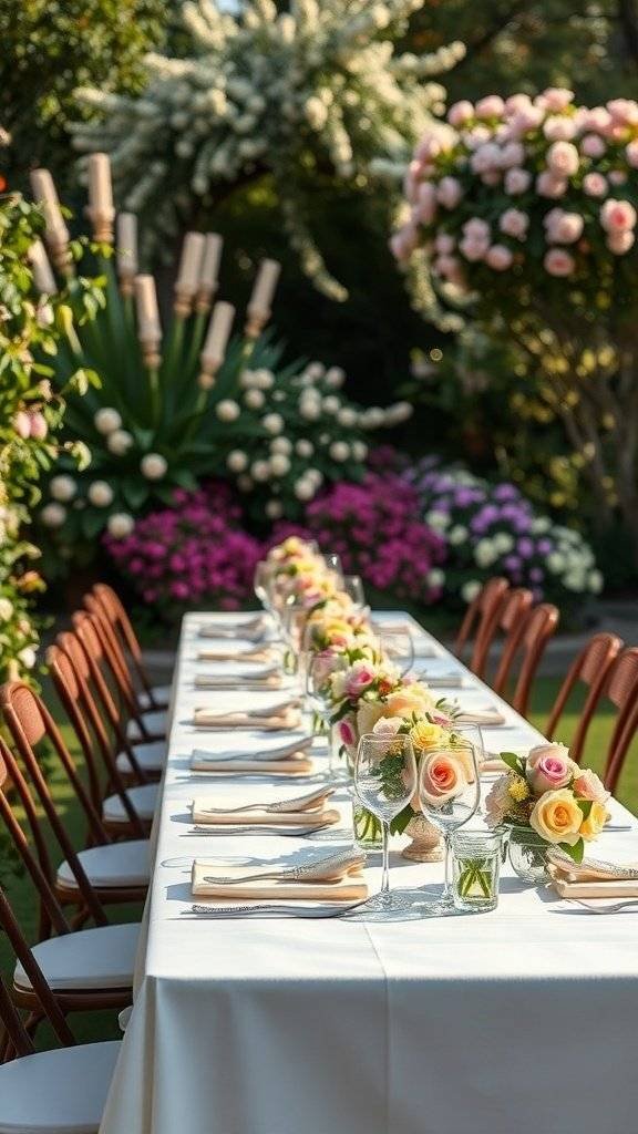A beautifully set table in a garden for Mother's Day, featuring floral arrangements and wooden chairs.