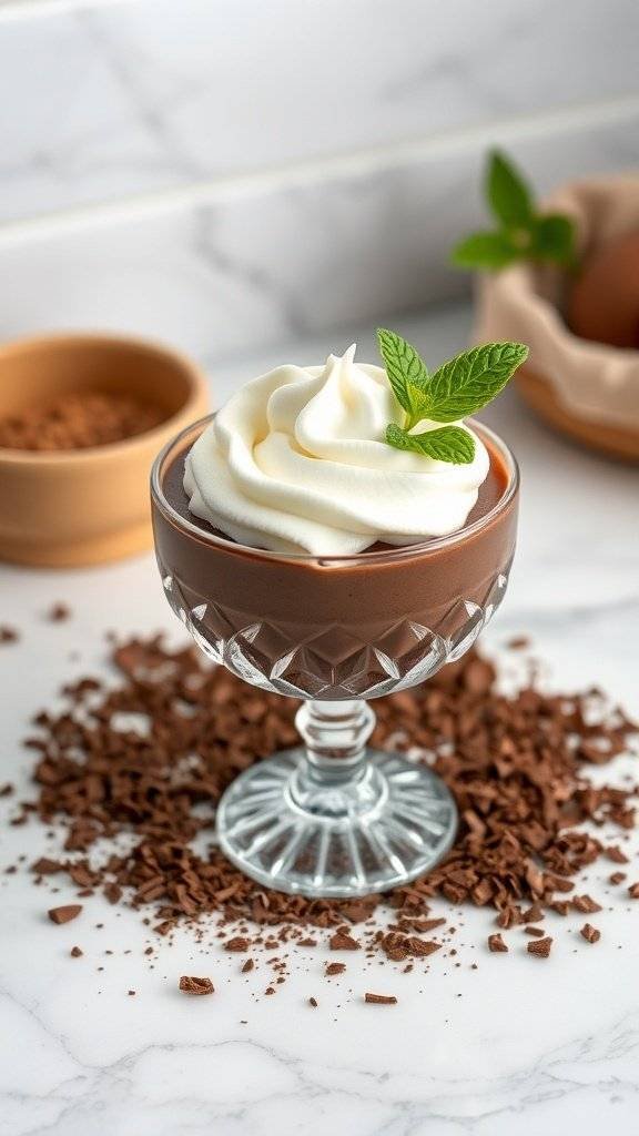 A glass of chocolate mousse topped with whipped cream and mint, surrounded by chocolate shavings.