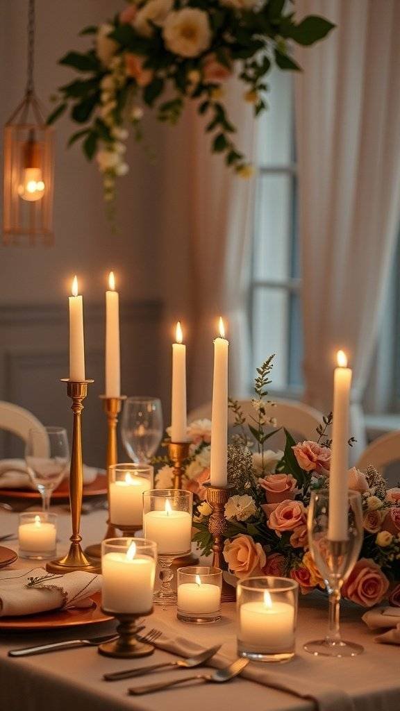 A beautifully arranged candlelit dinner table for Mother's Day, featuring various candles, flowers, and elegant tableware.