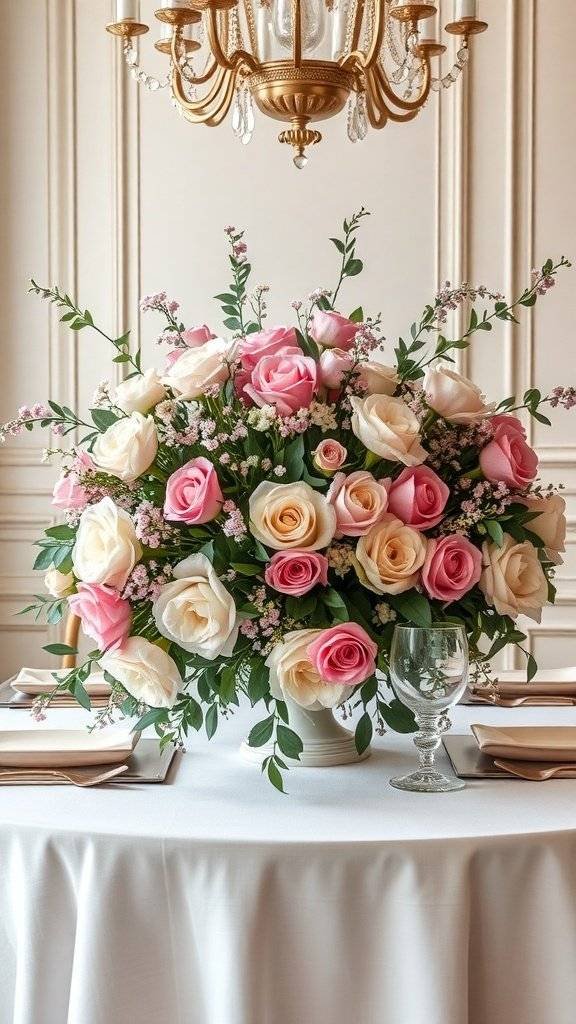 A beautiful floral centerpiece with pink and cream roses on a table, perfect for Mother's Day decor.