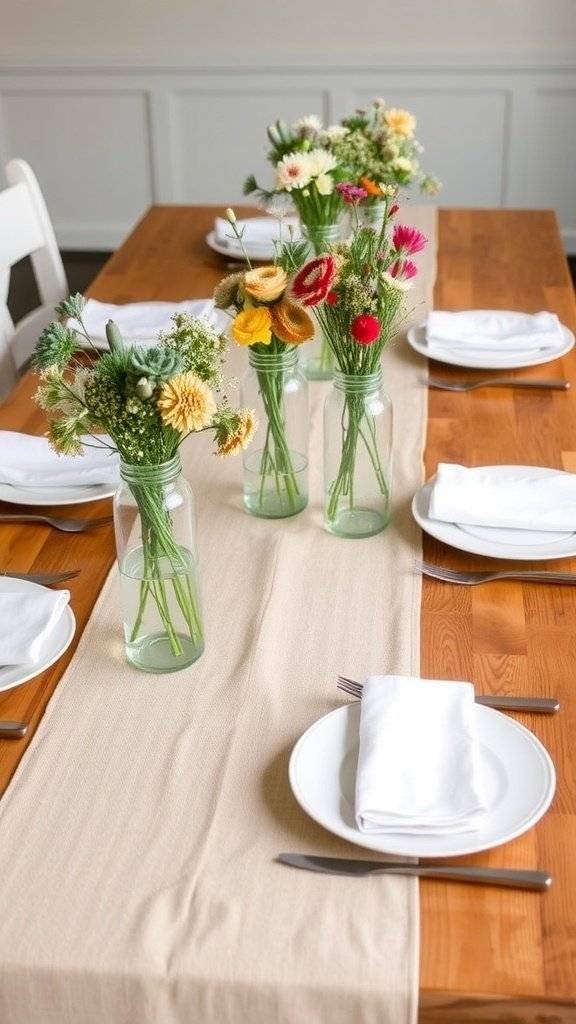 A rustic chic Mother's Day table setting with a light table runner, wooden table, and small glass jars of flowers.