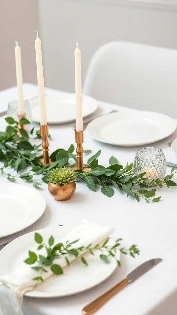 A minimalist Mother's Day table setting featuring white plates, greenery, and gold candle holders.