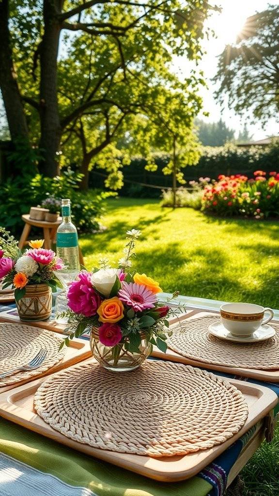 A beautifully set outdoor picnic table for Mother's Day with flowers, placemats, and a drink.