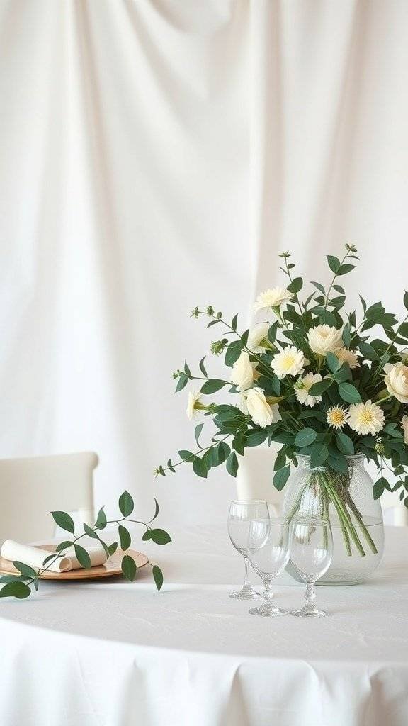A classic white and green table setting for Mother's Day, featuring a floral centerpiece and elegant glassware.