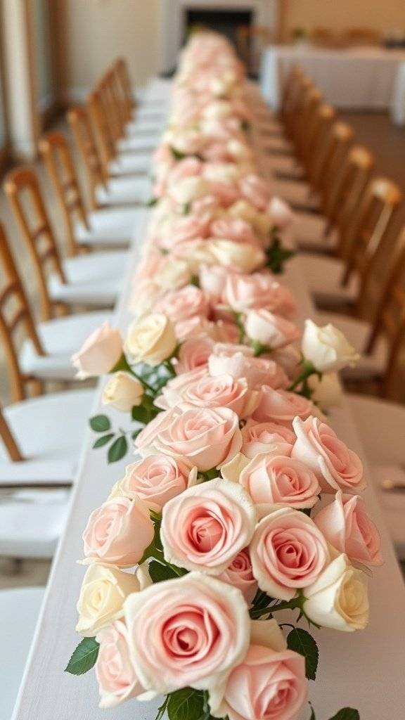 A beautifully set table with pink and yellow roses as the centerpiece, perfect for Mother's Day.