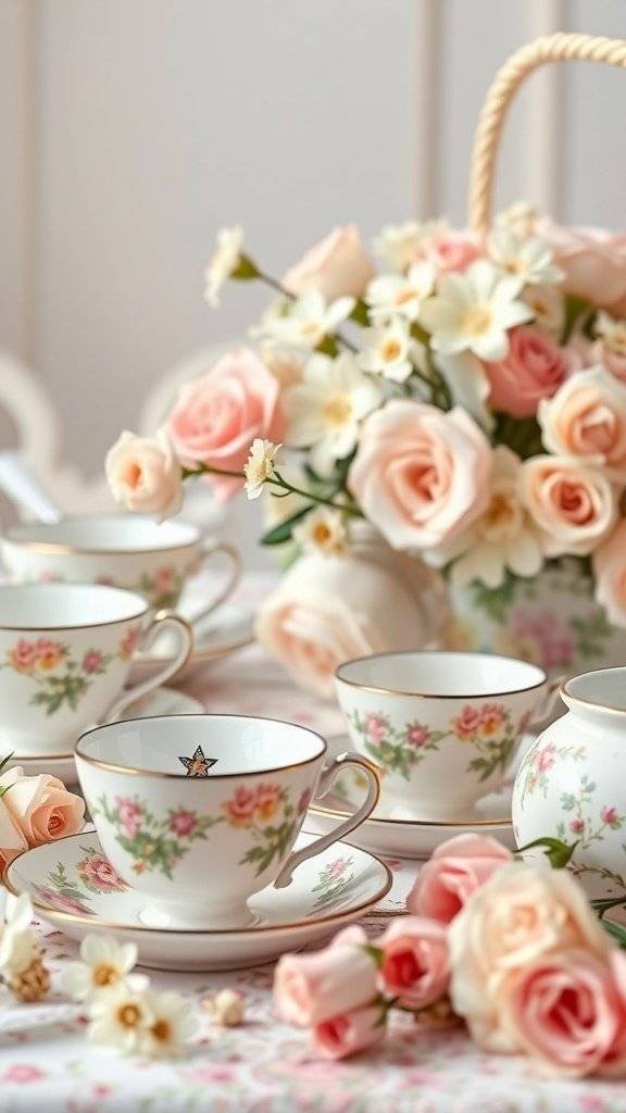 A beautifully set table for a Mother's Day tea party featuring floral teacups and roses.