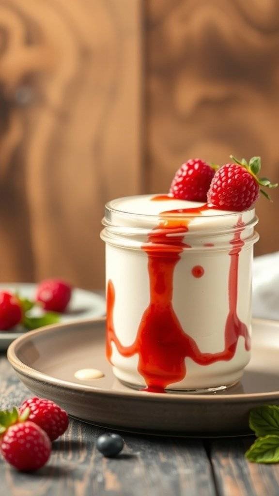A jar of fluffy vanilla bean panna cotta topped with raspberry sauce and fresh raspberries.