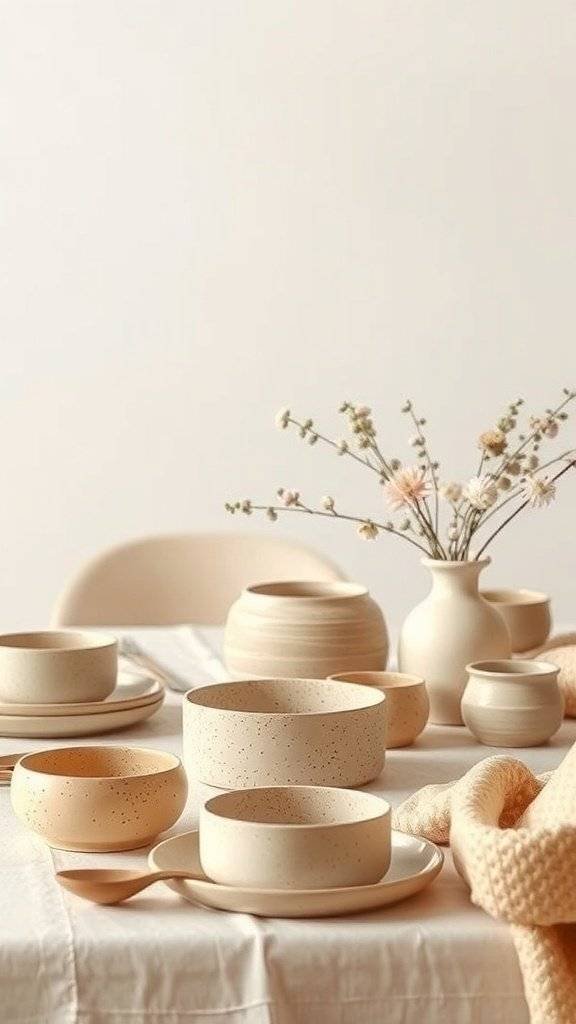 A modern neutral table setting for Mother's Day featuring ceramic bowls, plates, and a vase with dried flowers.