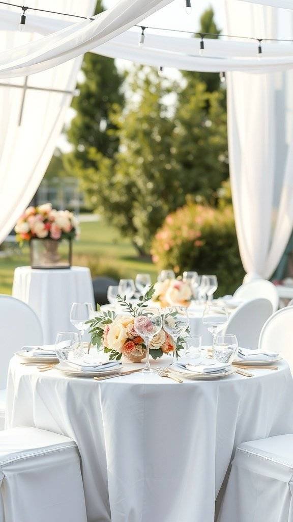 A beautifully set outdoor table for a Mother's Day garden party, featuring pastel flowers and elegant tableware.