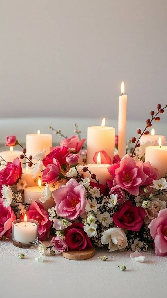 A beautiful centerpiece featuring candles and pink roses for Mother's Day table decor.