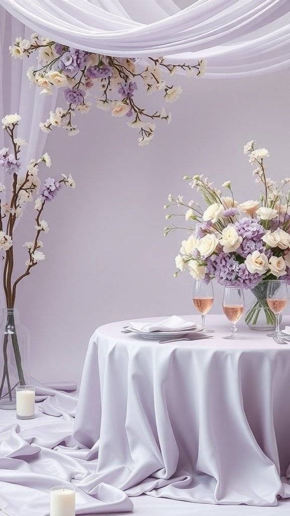 A beautifully set table for Mother's Day featuring lavender decor, floral arrangements, and soft candlelight.