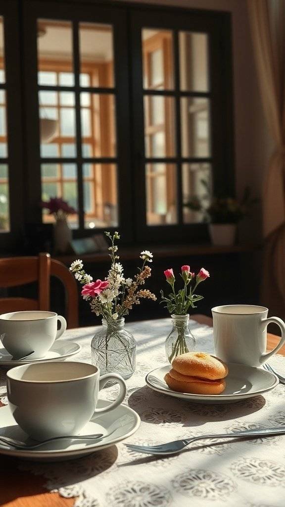 A cozy breakfast table set for Mother's Day with flowers, coffee cups, and a donut.