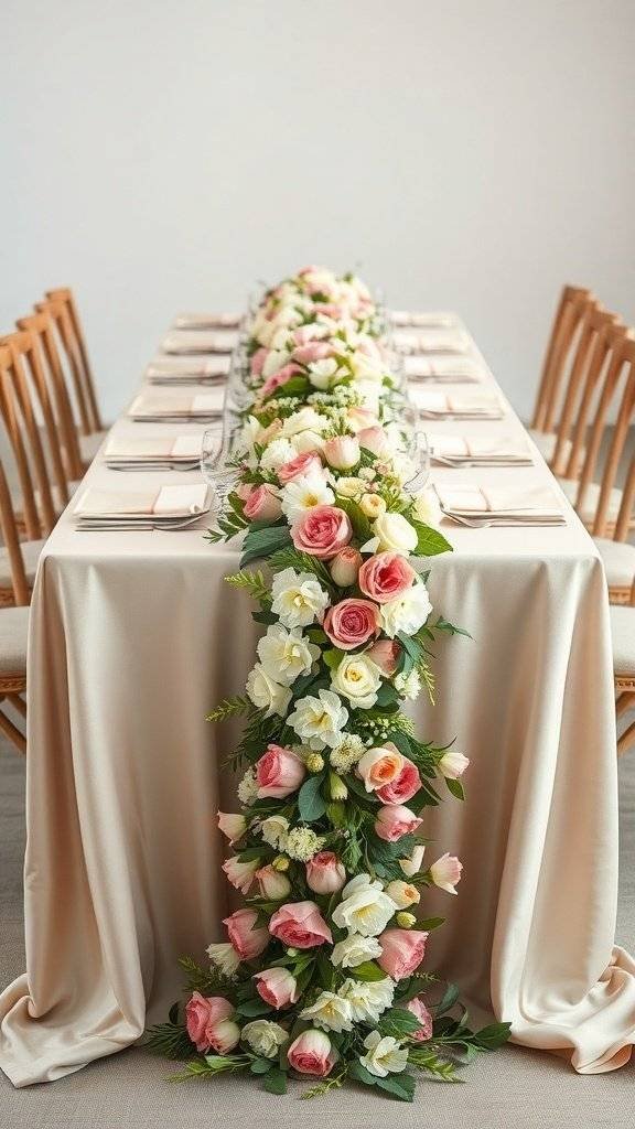 A beautifully arranged floral runner featuring pink and white flowers on a table set for Mother's Day.