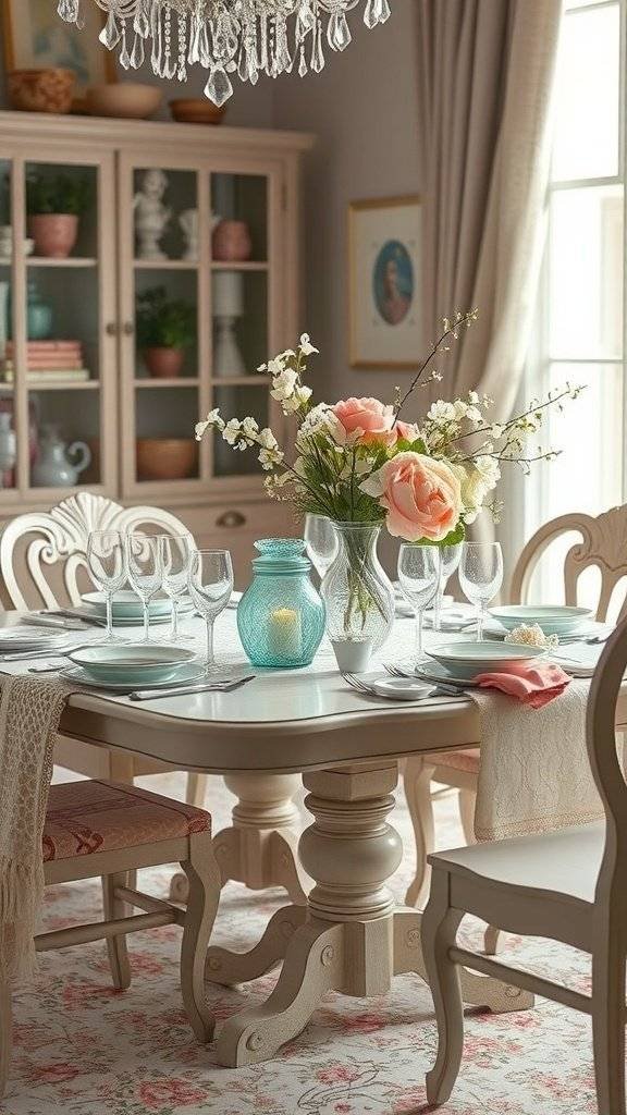A beautifully set table for Mother's Day featuring pastel roses, elegant glassware, and gold-accented plates.