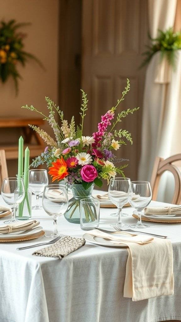 A beautifully set table for Mother's Day featuring a floral centerpiece, green candles, and elegant glassware.