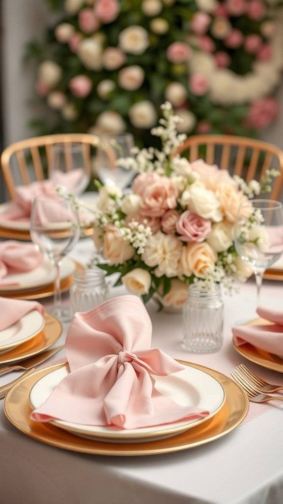 A beautifully set table for Mother's Day featuring blush and gold decor with floral arrangements.
