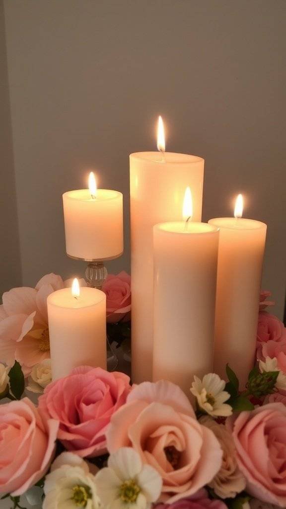 Three tall white candles surrounded by soft pink and cream roses on a table