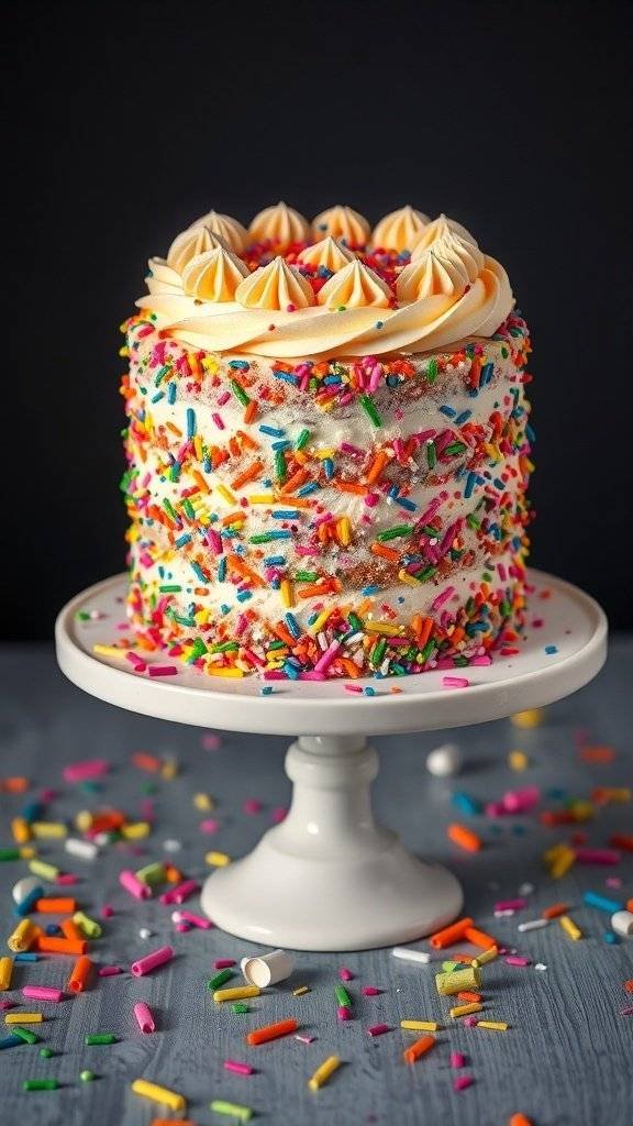 A colorful Funfetti cake decorated with sprinkles on a white cake stand.