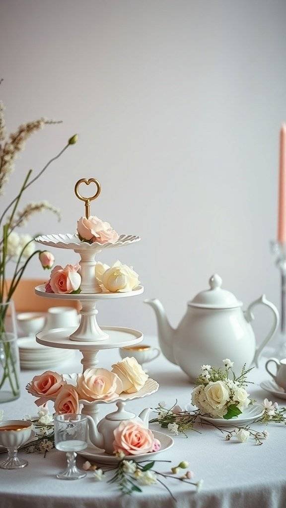 A beautiful high tea setup for Mother's Day featuring a tiered stand with cupcakes and fresh roses, a white teapot, and elegant table decor.