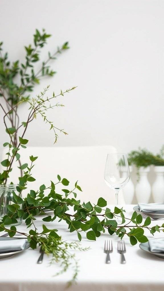 A minimal greenery table setting for Mother's Day with branches and leaves on a white tablecloth.