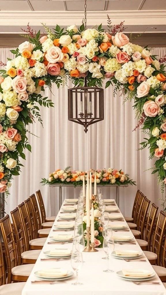 A beautifully decorated table for Mother's Day featuring a floral arch and elegant table settings.