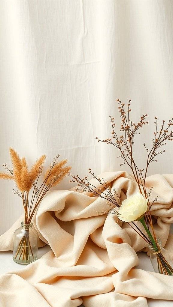 A warm neutral table decor for Mother's Day featuring soft fabrics and delicate flowers.