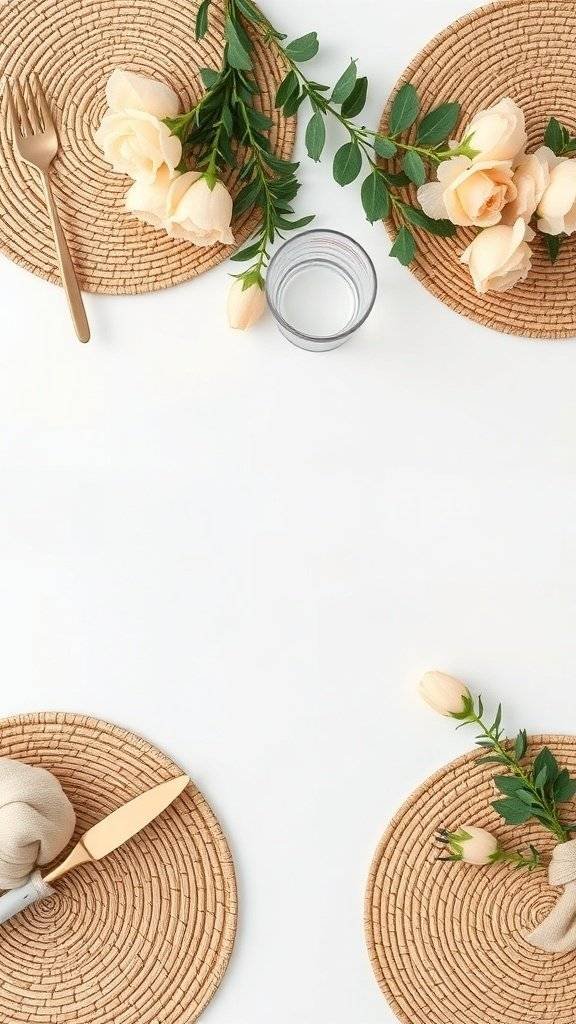 A Bohemian styled Mother’s Day table with woven placemats, gold cutlery, and soft flowers.