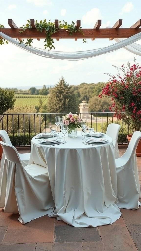 An elegant outdoor terrace table decorated for Mother's Day with a white tablecloth, floral centerpiece, and scenic views.
