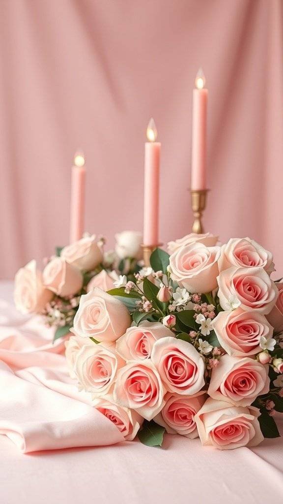 A soft pink tablescape featuring roses and candles for Mother's Day