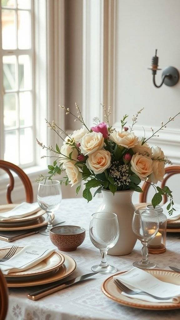 A vintage-inspired Mother’s Day table setting with roses, elegant glassware, and gold-rimmed plates.