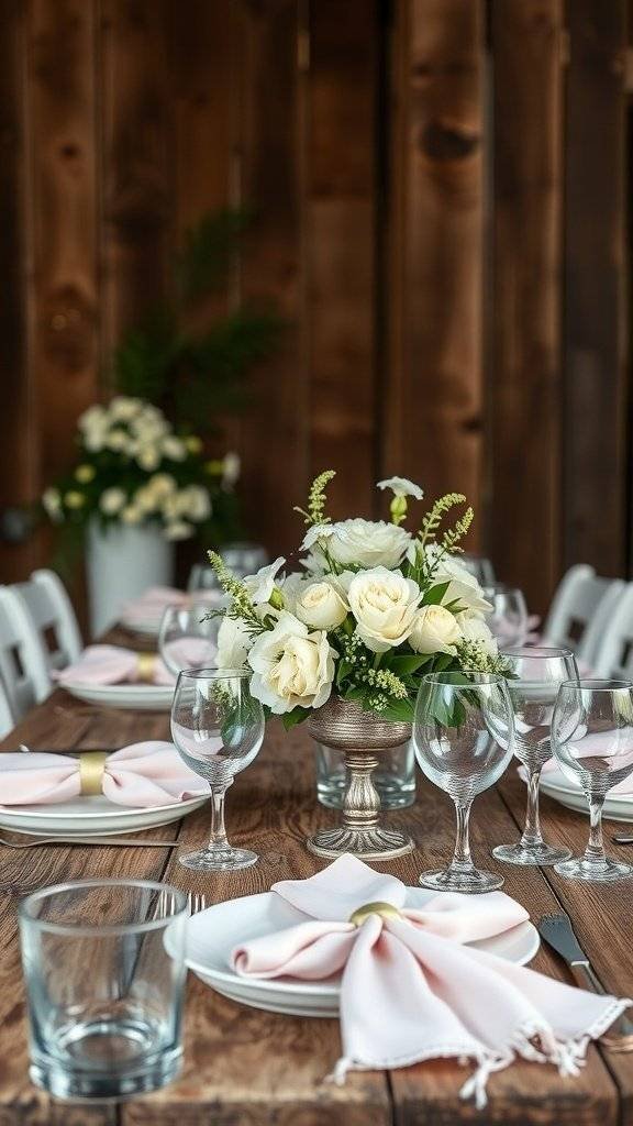 A modern farmhouse table set for Mother's Day with flowers, plates, and glasses.